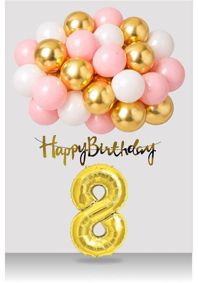 8 Yaş Retro Gold Pembe Beyaz Balon Happy Birthday Banner Gold Rakam Doğum Günü Süsü Çok Renkli