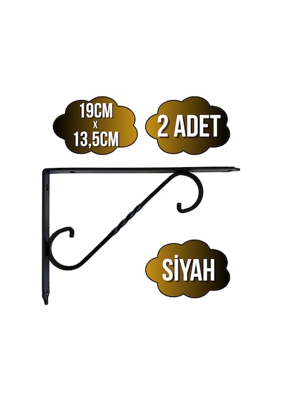 Raf Altı Ferforje Demir Tutucu L Raf Demiri Duvar Sabitleyici Metal Siyah 2 Adet 19cm X 13.5cm Siyah