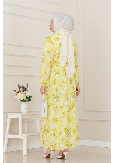 Sevitli Yarım Düğmeli Lotus Elbise-sarı-5249 Sarı