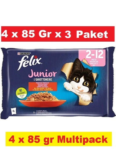 Purina Felix Junior Sığır ve Tavuk Etli Yavru Yaş Kedi Maması 3'lü 4 x 85 G