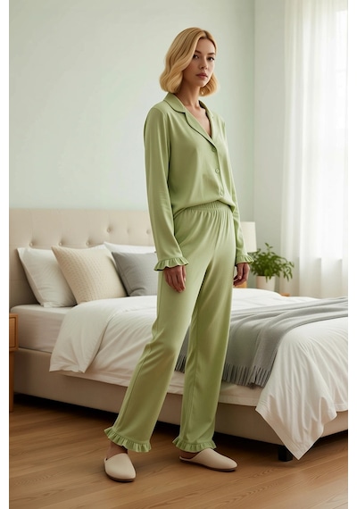 Benerly Kadın Gömlek Yaka Standart Kol Regular Kalıp Örme Pijama Takımı F Mint