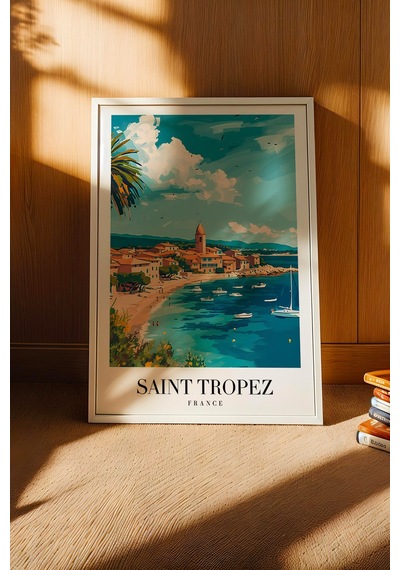 Saint Tropez France Vintage Seyahat Posteri Çerçeveli Tablo - Premium Akdeniz Sahil Duvar Dekoru Beyaz