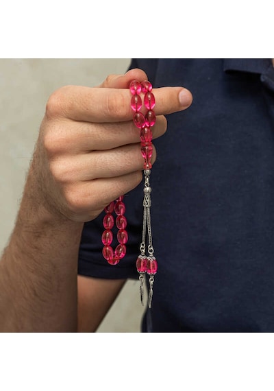 Gümüş Püsküllü Pembe Ateş Kehribar Tesbih Sl12273 Gümüş