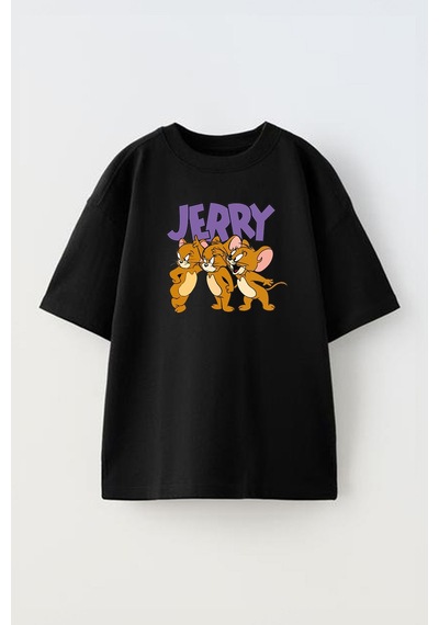 Thewert Unisex Jerry Fareler Tasarım Baskılı Pamuk Sıyah Oversize T-shirt Siyah
