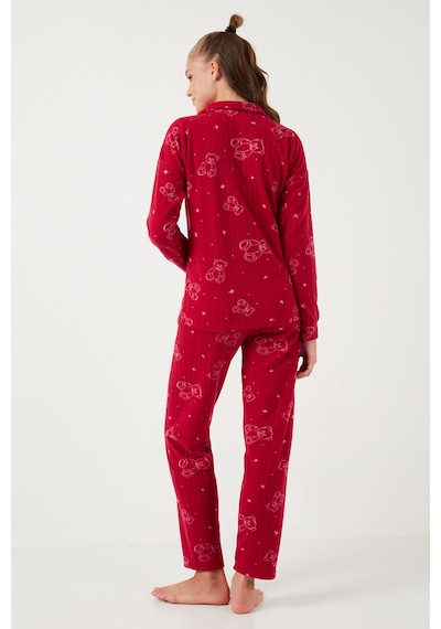 Lela Standart Fit Düğmeli Polarlı Bayan Pijama Takımı 6095616 Kırmızı