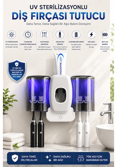 Uv Sterilizasyonlu Diş Fırçası Tutucu, Otomatik Diş Macunu Dispenseri, 4 Fırça Kapasiteli, 1200mah Şarjlı, Duvara Monte Beyaz