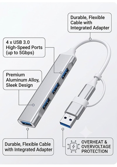 Usb 3.0 Hub, 4 Portlu Alüminyum Usb Çoklayıcı, Çift Giriş