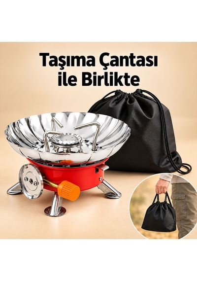Portatif Kendinden Çakmaklı Rüzgar Koruyuculu Kamp Ocağı Kırmızı