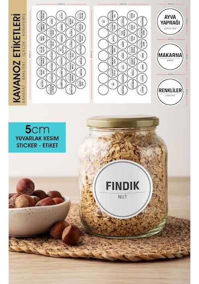 Beyaz Yuvarlak Kesim Baharat, Bakliyat Etiket Modeli V2 - 5cm - 70 Adet Folyo Sticker Siyah