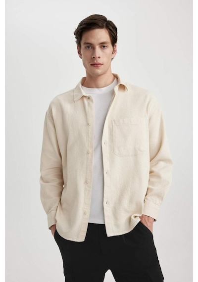 DeFacto  Oversize Geniş Kalıp Polo Yaka Waffle Uzun Kollu Gömlek C2841AX24SPBG734