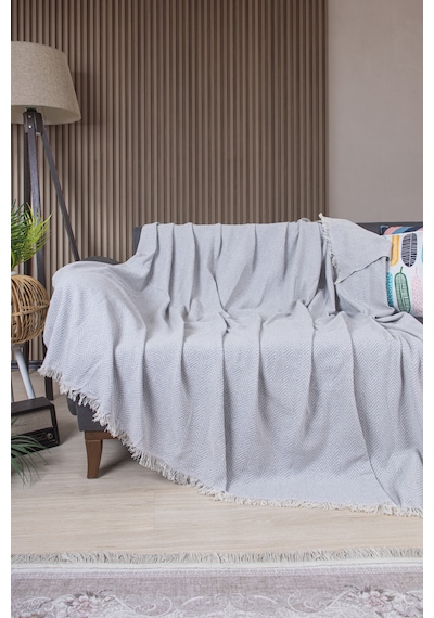 Pamuklu Zikzak Desenli Püsküllü Koltuk Örtüsü 170x210 Cm Dekoratif Ve Çok Amaçlı Gri