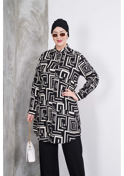 Polologin Butik Beyaz Labirent Çizgili Tunik Ve Siyah Pantolon Takım Çok Renkli