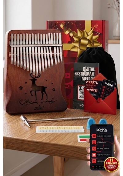Klx-520 Hakiki Ağaç Kalimba Geyik Desenli Ahşap Full Set 17 Çelik Tuşlu