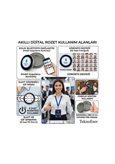 Kişiselleştirilebilir Dijital Ekranlı Yaka Kartı Akıllı Dijital Rozet Boyun Askılı - Mavi
