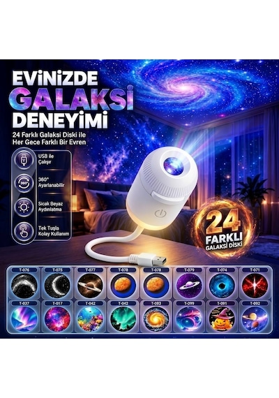 Yıldız Galaksi Projektörü 24'ü 1 Arada Tavan Yansıtmalı Gece Lambası & Oda Aydınlatma 24 Uzay Ve Romantik Slaytlı Us