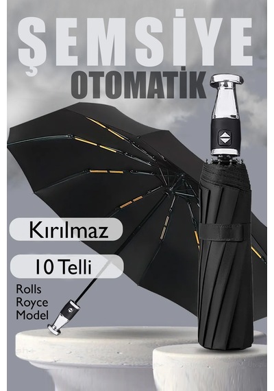 Fithome Tam Otomatik Roll Royce Model Şemsiye 10 Fiber Tel Rüzgarda Kırılmaz Şemsiye Siyah