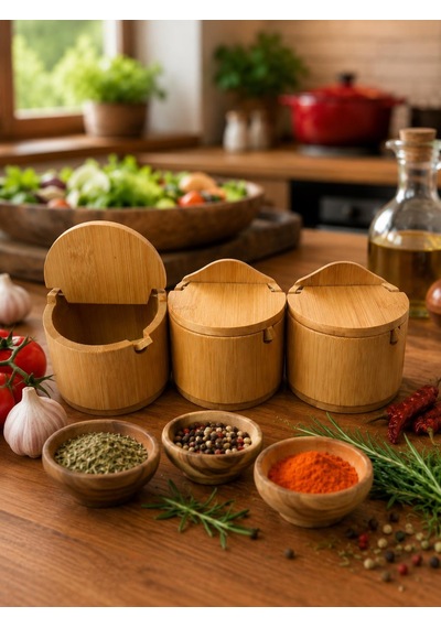 3'lü Kaşıklı Bambu Baharatlık Seti Kapaklı Saklama Kabı Kahve Şeker Tuz Kuruyemiş Organizer Şekerlik