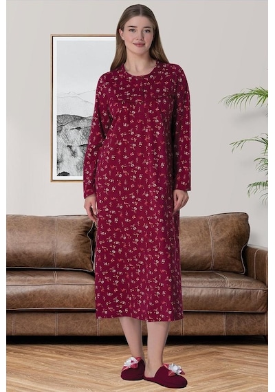Mecit Pijama Mecit 6025 Bayan Bordo %100 Pamuk Büyük Beden Desenli Gecelik 001