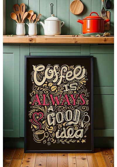 Retro Coffee Always A Good Idea Çerçeveli Tablo - Sanatsal Mutfak Ve Kahve Köşesi Duvar Dekoru Siyah