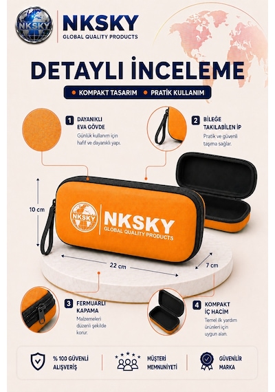 Nksky 36 Parça İlk Yardım Çantası, Turuncu Eva Çantalı İlk Yardım Seti, Bileğe Takılabilir Taşıma İpli Ecza Çantası