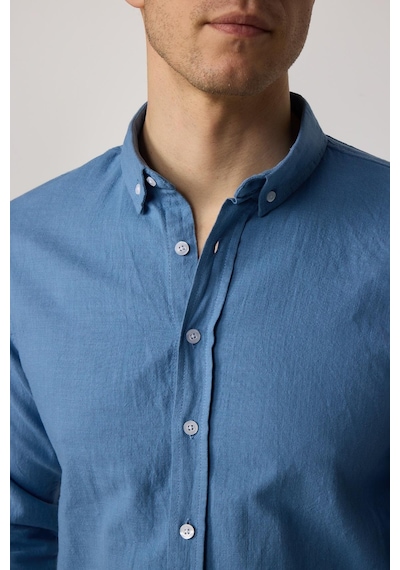 Tudors Erkek Slim Fit Dar Kesim %100 Pamuk Keten Doku Düğmeli Yaka Indigo Gömlek-28746 İndigo