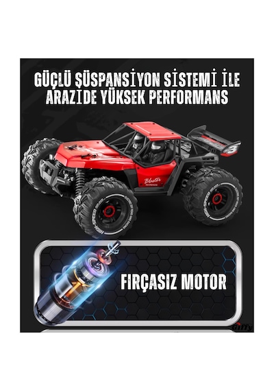 Oyuncak Uzaktan Kumandalı Metal Gövde 50 Km Hız Yapan 4x4 Off-road Arazi Aracı Şarjlı 1400 Mah Kırmızı