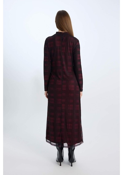 DeFacto Regular Fit Yarım Balıkçı Yaka Desenli Uzun Kollu Maxi Tül Elbise E1959AX24WNBR115 Bordo