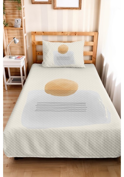 Minimal Geometrik Genç Odası Tek Kişilik Pike Takımı - Bej Gri Modern 160x220 Cm Yatak Örtüsü Kremamsı Akşam Havası