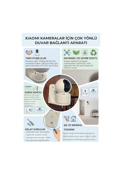 Xiaomi Mi Home 360 Kameralar İle Uyumlu Akıllı Kamera Standı, Duvara Asma Aparatı, 1080p Wifi Bağlantı Aparat, Bebek Kamera Standı, İç Mekan Aparatı, Dış Mekan Bağlantı Aparat