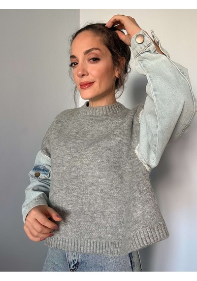 Ali Butik Gri Kot Detaylı Oversize Kazak Gri