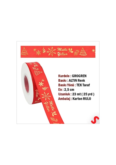 Yılbaşı Mutlu Yıllar Altın Baskılı Grogren Kurdele, 2,5cm X 23mt - Kırmızı 0 - 99