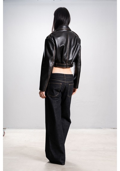 Dericlub Lenora Kadın Silme Cropcut Biker Hakiki Deri Mont Siyah/taba Siyah