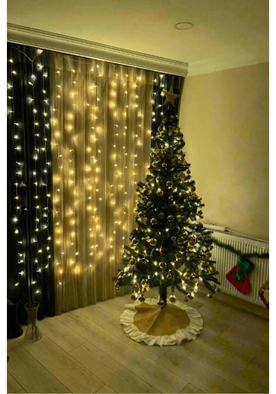 3x2 Metre Perde Led Animasyonlu 12 Saçaklı 240 Ledli Fişli Eklenebilir 8 Fonksiyonlu Yılbaşı Sarı