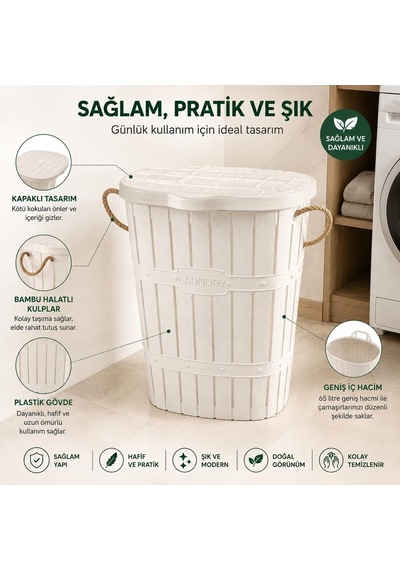 65 L Bambu Halat Kulplu Kirli Çamaşır Sepeti Kapaklı Plastik Gövde 58 X 45 X 35 Cm Havalandırmalı Çamaşır Saklama Sepeti Beyaz Çok Renkli