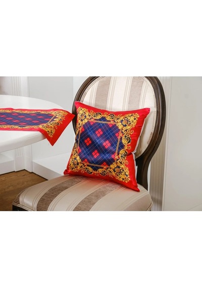 Belize Baskılı Saten Kumaş Kırmızı Siyah Runner Kırlent Set 3 Prç. 135x50 Cm 1378 Kırmızı