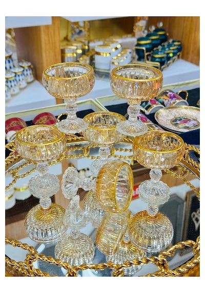 Lüx Gold Kahve Yanı Lokumluk + Şekerlik 6 Adet Sarı