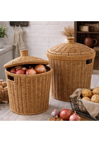 Ayrex Kapaklı Rattan Patates Soğan Saklama Sepeti 2'li Set Kiler/mutfak Organizer, Doğal Hasır Görünüm 27 2 Genel