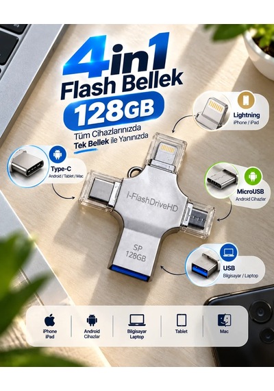 128gb Taşınabilir 4in1 Flash Bellek İphone İpad Android Tablet Mac Bilgisayar Uyumlu