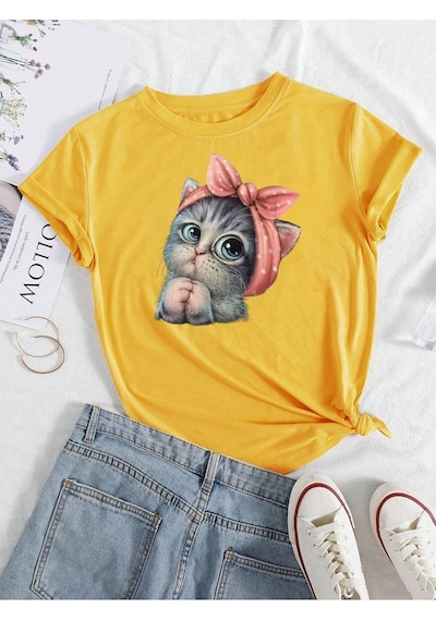 Oversize Sarı Sevimli Minik Kedi Baskılı T-shirt Unisex Rahat Kalıp Sari