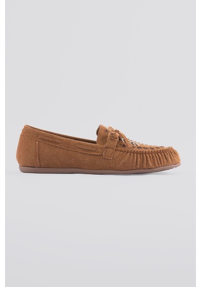 Kadın Süet Loafer Nakışlı Bağcıklı Ayakkabı Talina Taba Taba