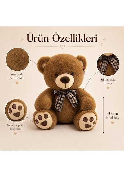 40 Cm Kurdeleli Pelüş Ayı, 3 Asorti Renk, Yumuşak Oyuncak Ve Hediyelik Sevimli Ayıcık Pjh16564-40cm Açık Kahve Genel