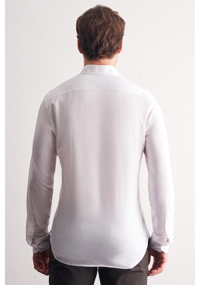 İmza Beyaz Düğmeli Yaka Kendinden Desenli Örme Uzun Kol Performans Ürün Slim Fit %100 Pamuk Gömlek 1004255272 Beyaz