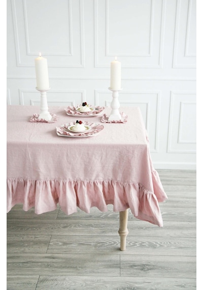 Buldan Keten Fırfırlı Vintage Pastel Pembe Masa Örtüsü