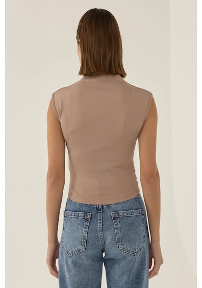 Hiccup Büzgü Detaylı Yarım Turtleneck Crop Top Kestane Kahvesi