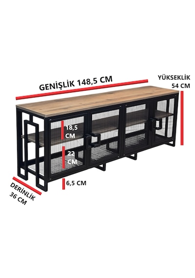 Dekoratif Metal Gövdeli Ahşap Raflı Tv Ünitesi 3 Raflı 4 Kapaklı Tv Sehpası 150 X 36 Cm Televizyon Ünitesi Siyah