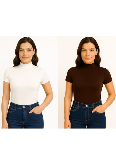 İngegno Body Yarım Balıkçı Yaka Kısa Kol Örme Kumaş Viskon Body 2 Li Paket Kahverengi