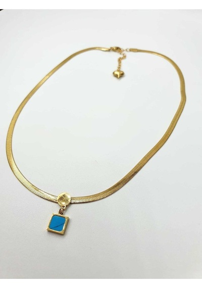 Gold Kaplama Mavi Minimal Kare Çelik Kolye