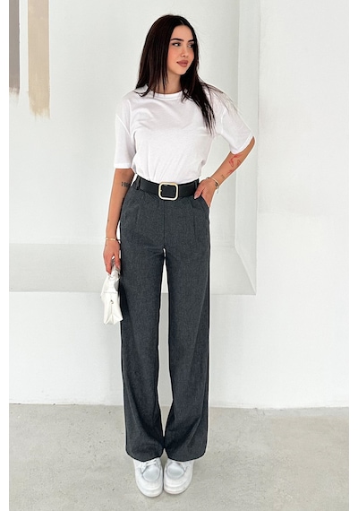 Pileli Yüksek Bel Kemerli Kumaş Pantolon Elegant Gri