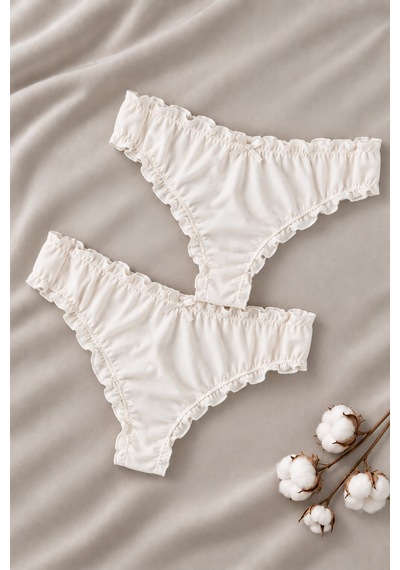 Loveria Kadın Pamuklu Fırfırlı Bikini/tanga Külot Ekru 2li Ekru Ekru
