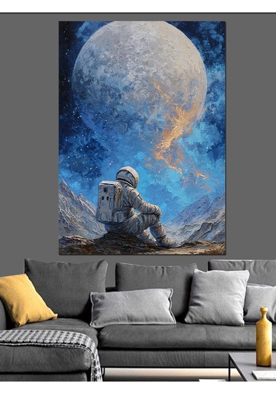 Ahşap Tablo Ayda Oturan Yalnız Astronot